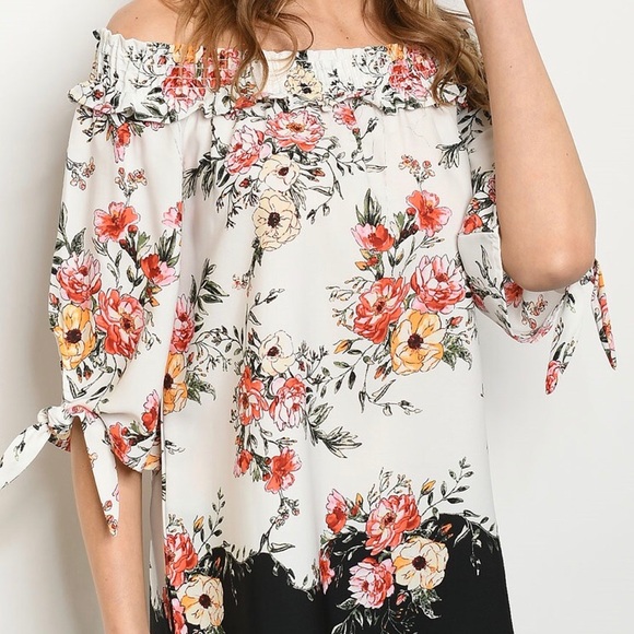 ❌DONATED❌White Black Floral Off The Shoulders Tie Sleeve Top - Picture 2 of 12